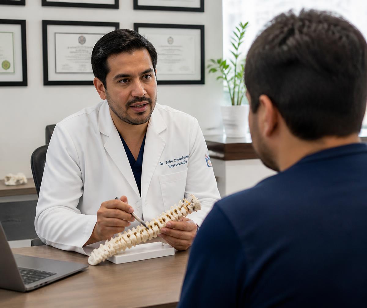 El Dr. José León explica a un paciente el tratamiento sobre un modelo de columna vertebral
